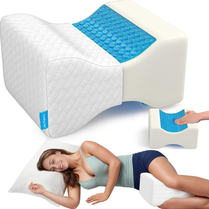 CloudBliss Cooling Gel Knee Pillow for Side Sleepers, Memory Foam, White | Contoured leg pillow, high-density foam, removable machine-washable cover, breathable fabric, hip and knee support