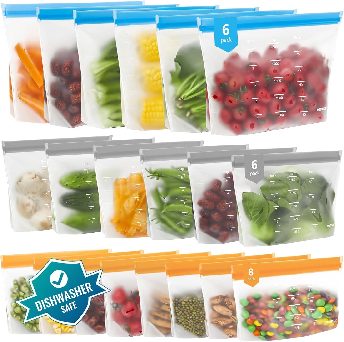 IDEATECH Reusable Bags Dishwasher Safe, BPA Free Reusable Gallon Freezer Bags, Stand Up Leakproof Food Storage Bags for Marinate Meats, Salad Fruit, Vegetables, Home Organization -Gray 6 Large Bags