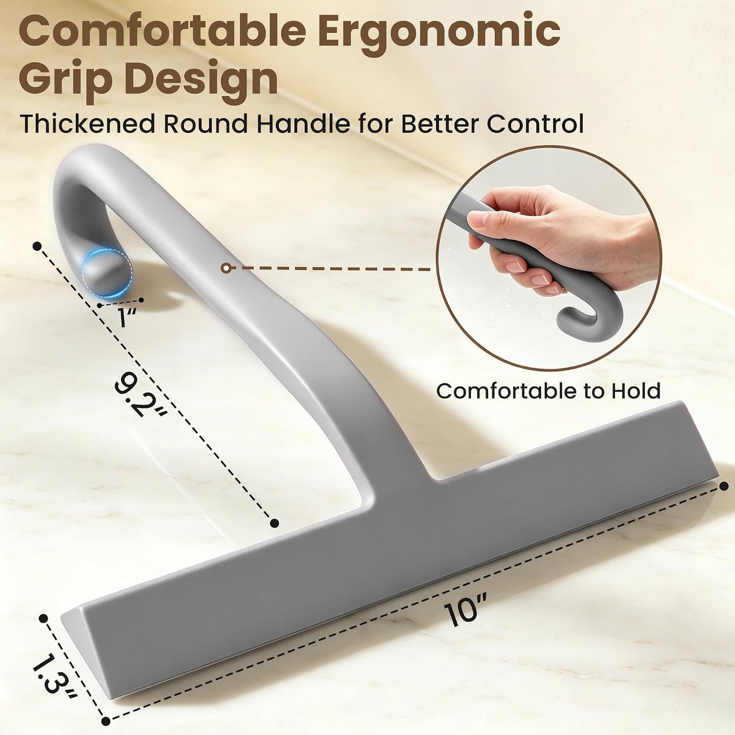 10 Inch Silicone Shower Squeegee for Glass Doors, Streak-Free, Black | No-Squeak Silicone Blade, Ergonomic Round Grip and Built-In Hook for Quick Daily Cleaning of Shower Glass, Tile and Windows