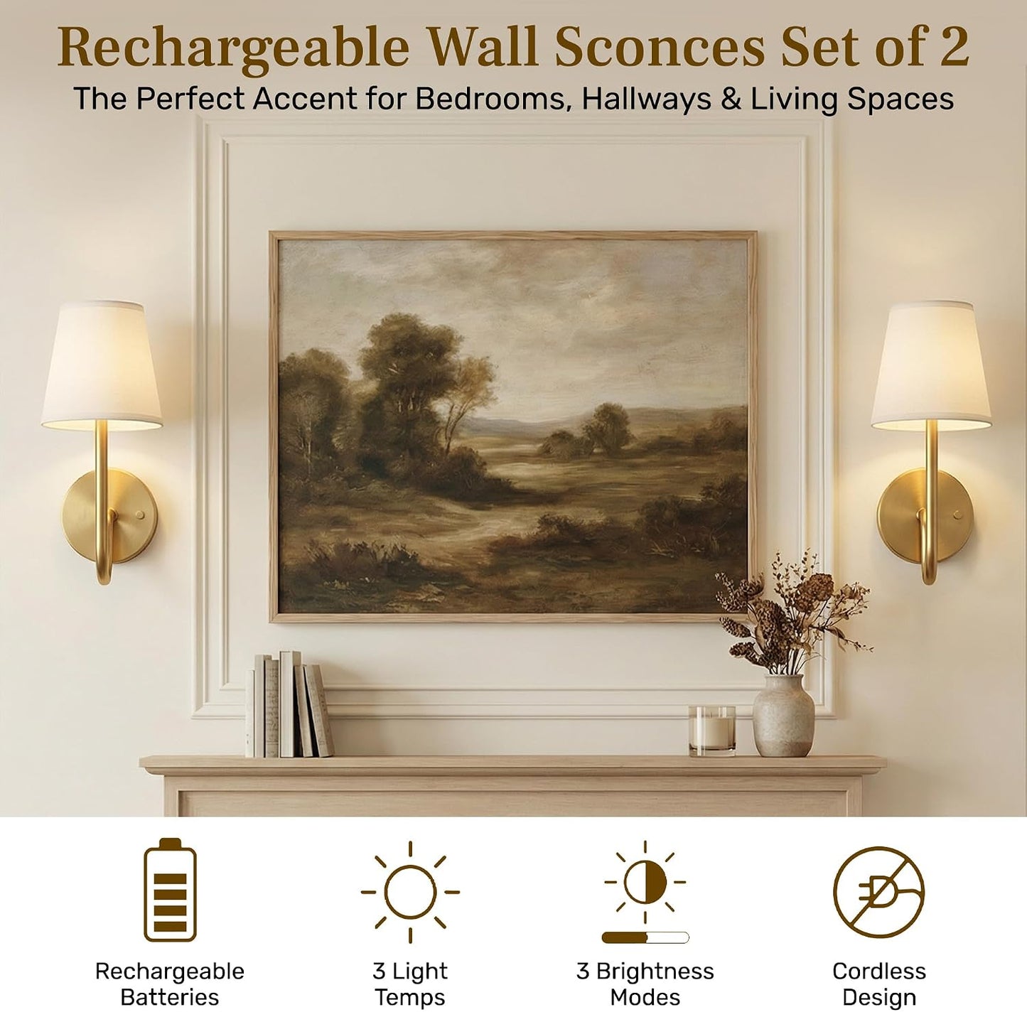 Bell+Howell 2 Pk Rechargeable Wall Sconces Set of Two - Gold | Rechargeable, Wireless, Battery Operated, Color Changing, Dimmable, Easy to Install, Perfect for Bedroom, Living Room