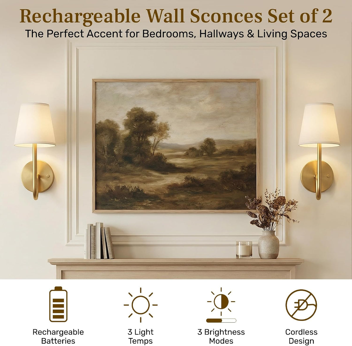 Bell+Howell 2 Pk Rechargeable Wall Sconces Set of Two - Gold