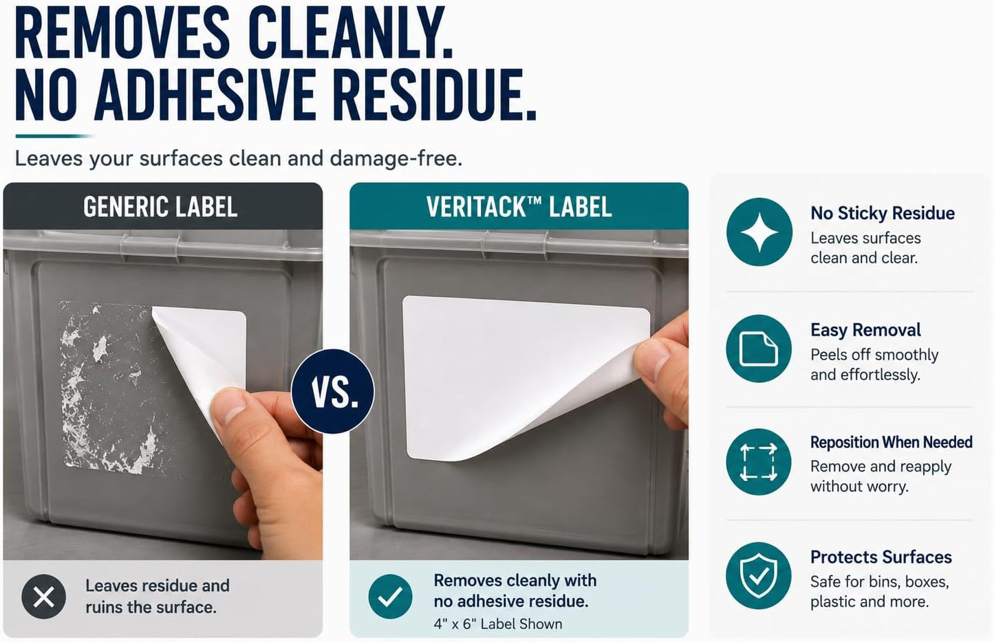 Veritack™ 250, 4" x 6" Large Removable Labels – Writable Sheet Stickers for Bins, Containers & Food Storage – Moisture Resistant – Freezer & Refrigerator Safe – Clean Removal (250 Individual Sheets)