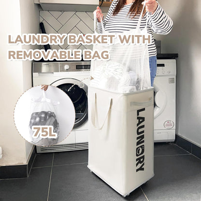 CHICVITA 75L Large Rolling Laundry Basket with Wheels & Wash Bag, Grey | Collapsible design saves space for corner dorms. Removable wash bag for easy laundry transport