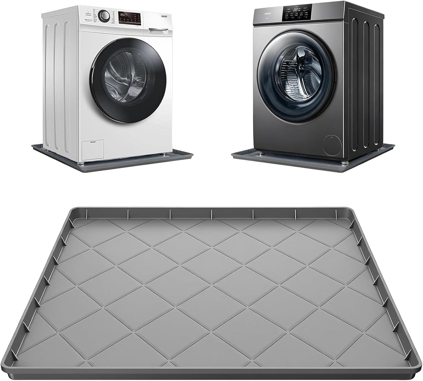Washing Machine Drain Pan Silicone Mat,Large 32"X 30"with 1" Raised Edges | Non-Slip Waterproof Washer Drain Pan,Washing Machine Tray for Floor Protection,Multi-Purpose Leakproof Washer Drip Pan (Grey)