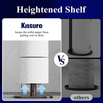 Kitsure Metal Toilet Paper Holder Free Standing, Medium, Black | Rustproof Toilet Paper Stand for 4 Rolls, Bathroom Organizers and Storage with Anti-Slip Base and Plastic Shelf