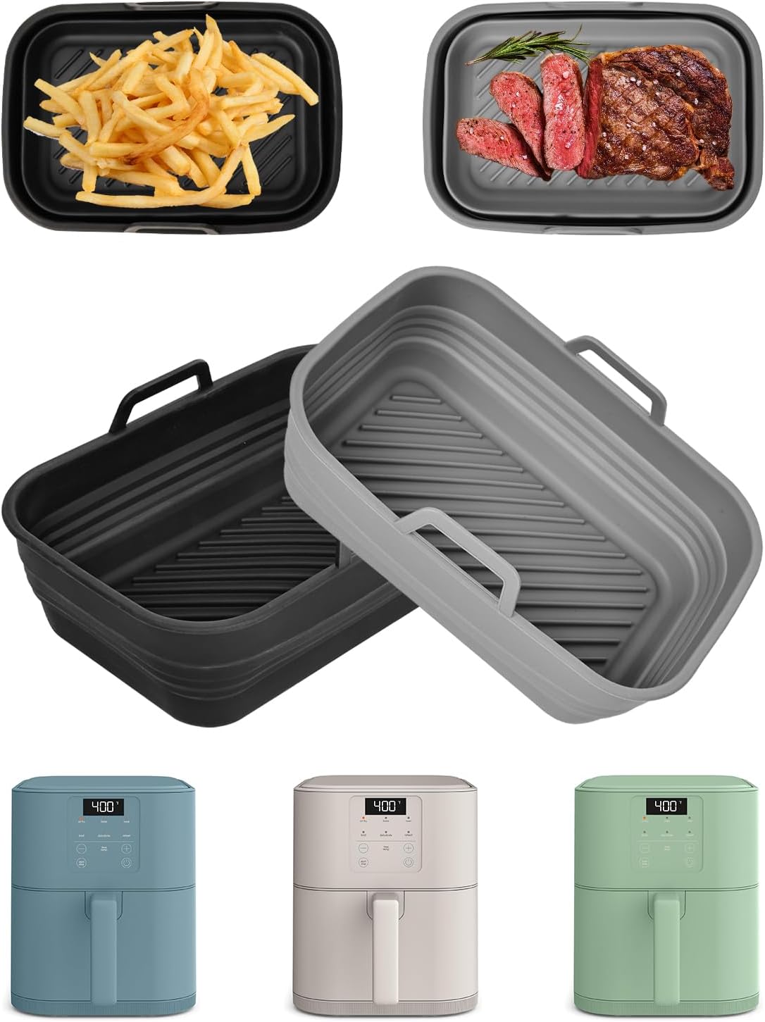 Air Fryer Silicone Liners Collapsible 2-Pack for bella Slim 4Qt(3.3lb) | Reusable Airfryer Silicone Pot Baking Basket Insert Accessories, Non Stick, Easy Cleaning, Gray+Black