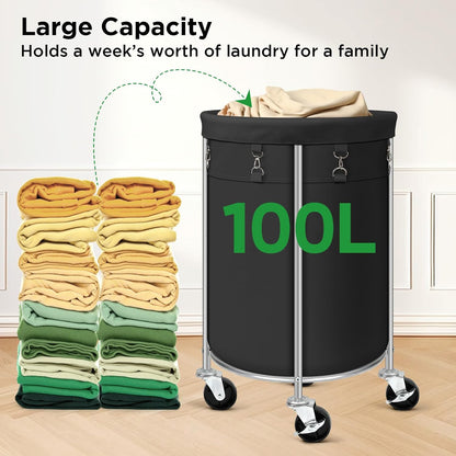 100L Round Rolling Laundry Hamper Basket with Wheels, Grey | Laundry Sorter Cart with Removable Bag, Clothes Organizer, Metal Frame, Bedroom, Bathroom, Laundry Room, Dorm Use