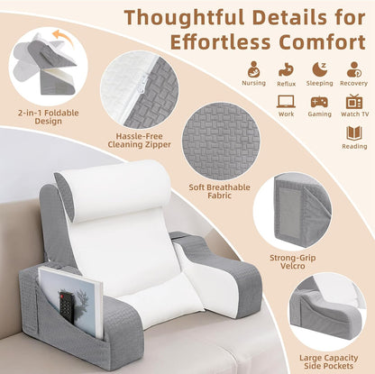 Foldable Reading Pillow for Sitting in Bed Adult, White/Grey, 19"