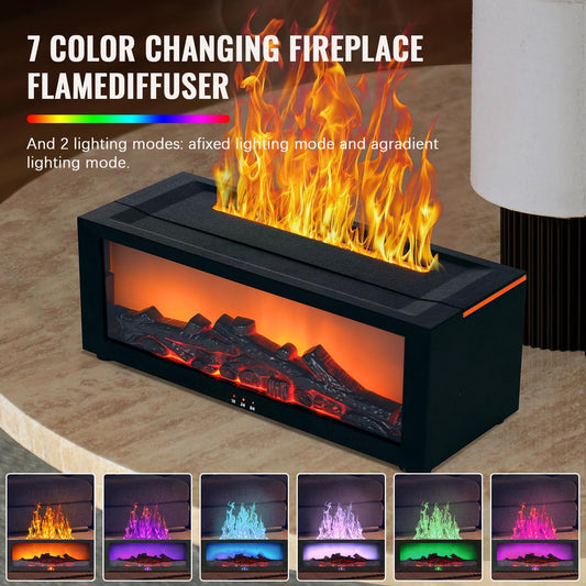Fireplace Humidifier Flame Diffuser for Essential Oils Air Aromatherapy | Real Flame Fireplace Humidifier, 7-Color Ambient LED, Ultra-Quiet Ultrasonic Diffuser, Gift for Home Bedroom Office Decor