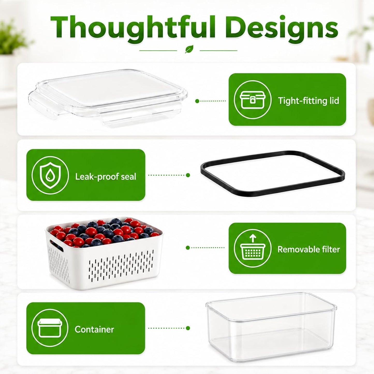 UFORU 4 Pack Fruit Storage Containers, Airtight Produce Saver for Fridge | Airtight refrigerator storage containers with removable colander and stackable design for berries, fruits and vegetables