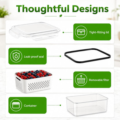 UFORU 4 Pack Fruit Storage Containers, Airtight Produce Saver for Fridge | Airtight refrigerator storage containers with removable colander and stackable design for berries, fruits and vegetables