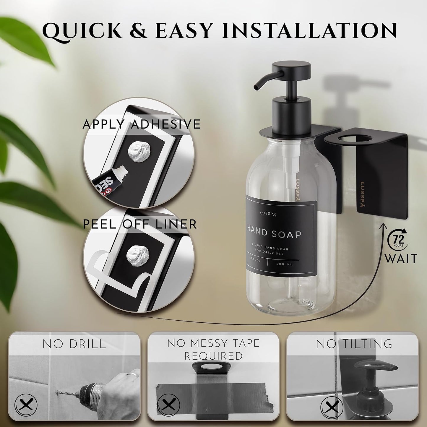 Shower Shampoo Dispenser Wall Mounted – 3 Refillable 16.9 oz Clear Bottles with Stainless Steel Pumps & No-Drill Adhesive Holders – Soap Dispenser Set for Bathroom (3 X Clear/Silver)