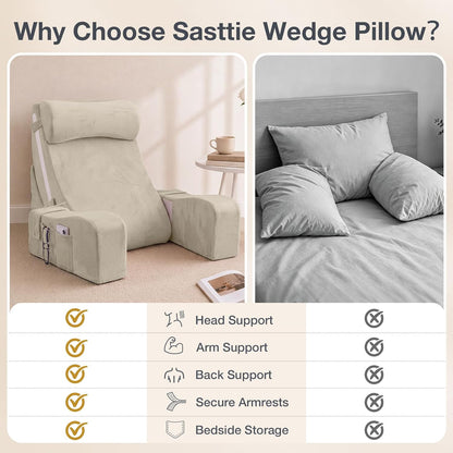 Sasttie 15-25 inch Adjustable Reading Pillow with Armrests, Dark Grey | Back Rest Pillow with Secure Side Straps, Memory Foam Back Support Cushion Bed Chair for Reading, Gaming & Relaxing