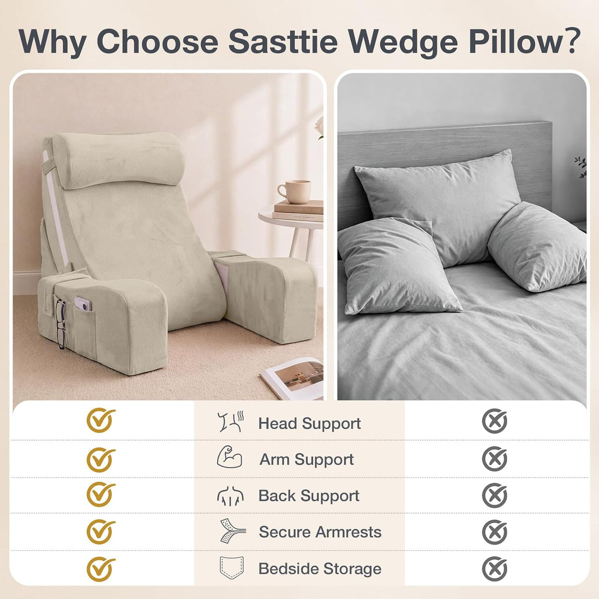 Sasttie 15-25 inch Adjustable Reading Pillow with Armrests, Dark Grey