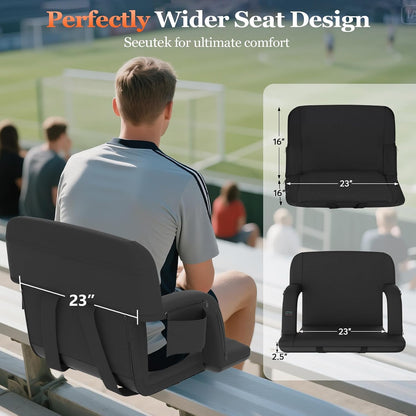 Seeutek Heated Stadium Seats for Bleachers with Back Support | 3 Level Heated Seat & Back (NO Battery), 6 Recline Positions, Soft Cushion, 5 Pockets, Foldable, Anti-Slip, Backpack Straps