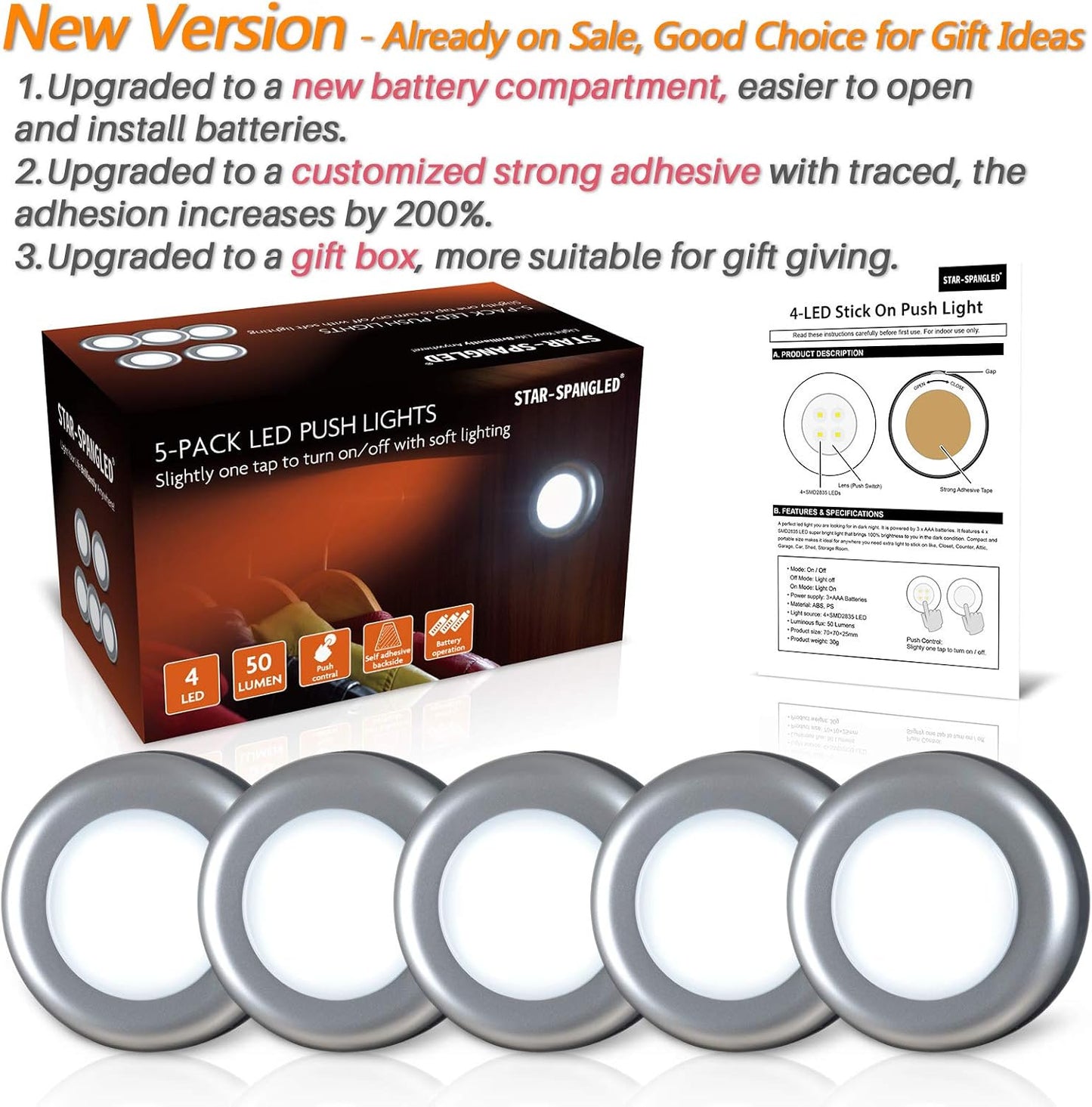 STAR-SPANGLED 2.8” LED Puck Lights Under Cabinet AAA Battery, 5 Pack White | Mini Touch Lamp Battery Operated Powered, DIY Strong Adhesive Stick on Push Tap Light for Kitchen, Closet, Pantry, Shelf