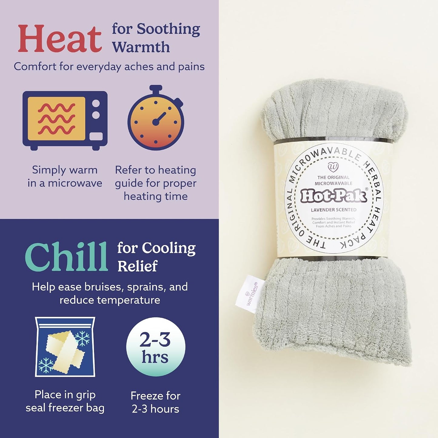 warmies Hot-Pak Microwavable Neck Wrap - Soothing Warm Compress with Scented Lavender - Cooling Neck Warmer for Relaxation - Microwave Heating Pad for Aches & Pains - Gray, Soft Cord, Pack of 1