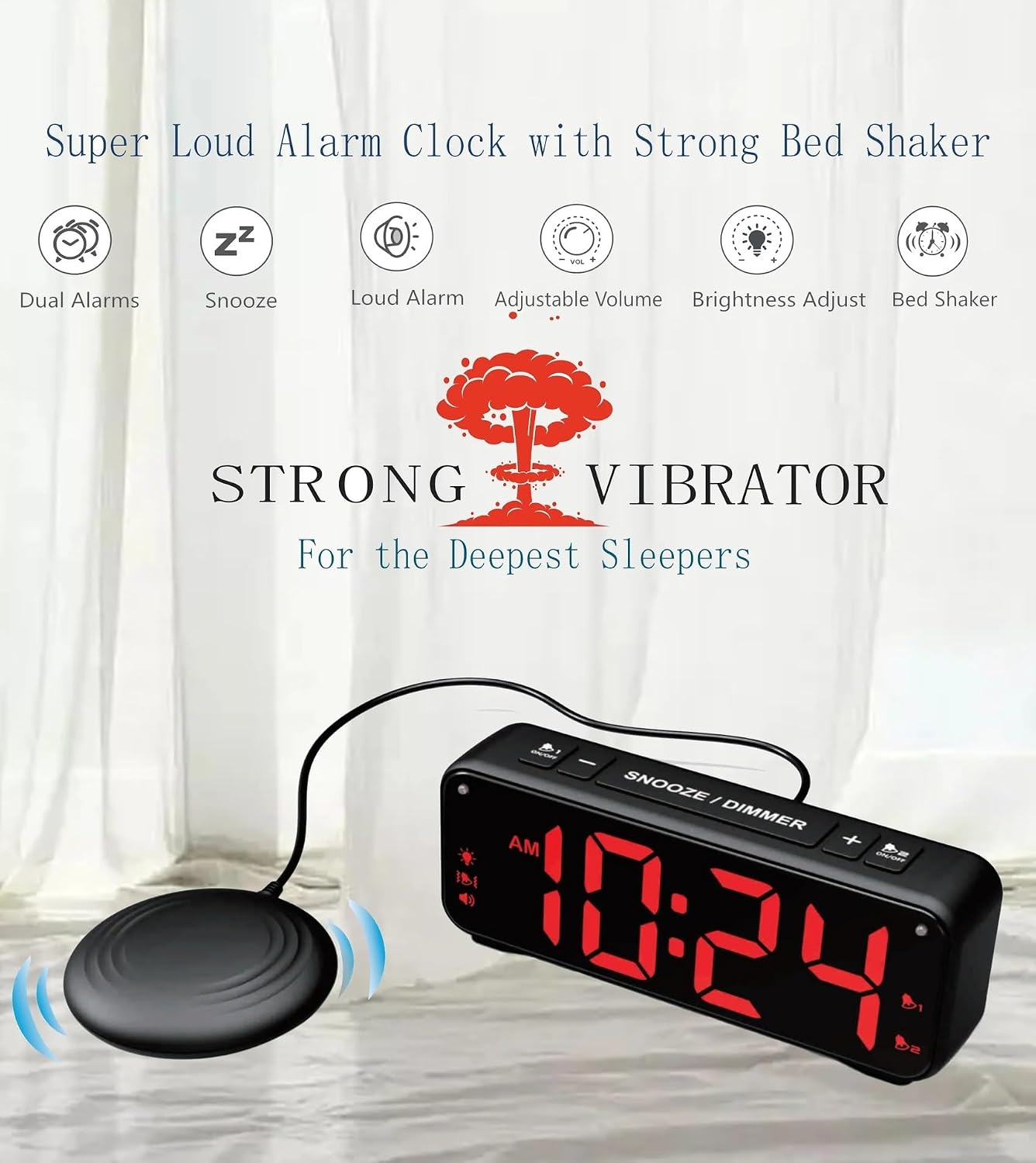 MOZAC Bomb Dual Extra Loud Alarm Clock with Bed Shaker, Black Heavy Sleepers, Battery Backup | Wake with a Shake (Black)