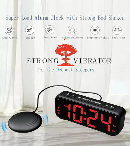 MOZAC Bomb Dual Extra Loud Alarm Clock with Bed Shaker, Black Heavy Sleepers, Battery Backup | Wake with a Shake (Black)