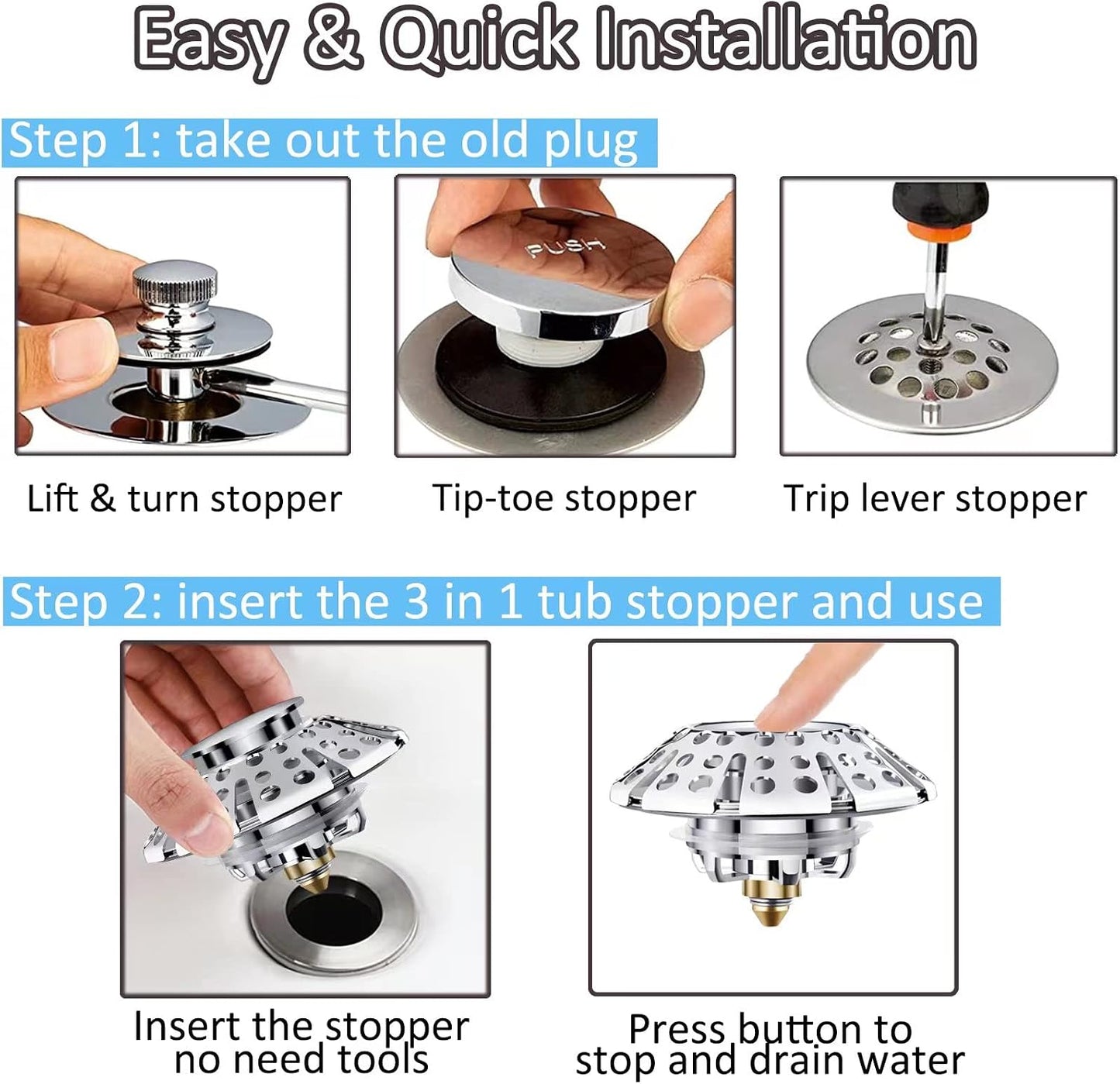AzWzz Universal Tub Stopper Bathtub Drain Plug, Pop Up Tub Drain Hair Catcher, Drain Cover with Strainer, for 1-3/8 to 2in Bath Drain Hole