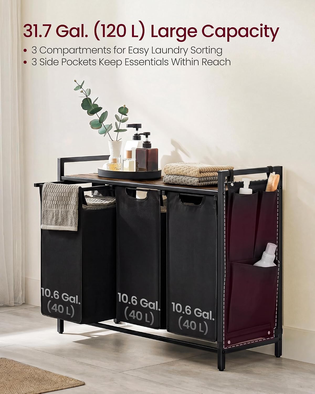 VASAGLE Laundry Hamper, Laundry Basket Sorter with 3 Pull-Out and Removable Bags, Shelf, Metal Frame, 3 x 10.6 Gallons (40 L), 36.4 x 13 x 28.4 Inches, Cappuccino Beige and Natural Beige UBLH301LH01