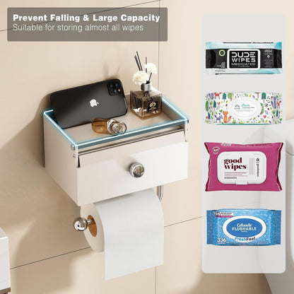 Voldra Toilet Paper Holder with Shelf, Flushable Wipes Dispenser for Bathroom, Adhesive Toilet Paper Roll Holder with Storage Wall Mount Stick On Bathroom Tissue Holder Front Flip Design (Matte Black)