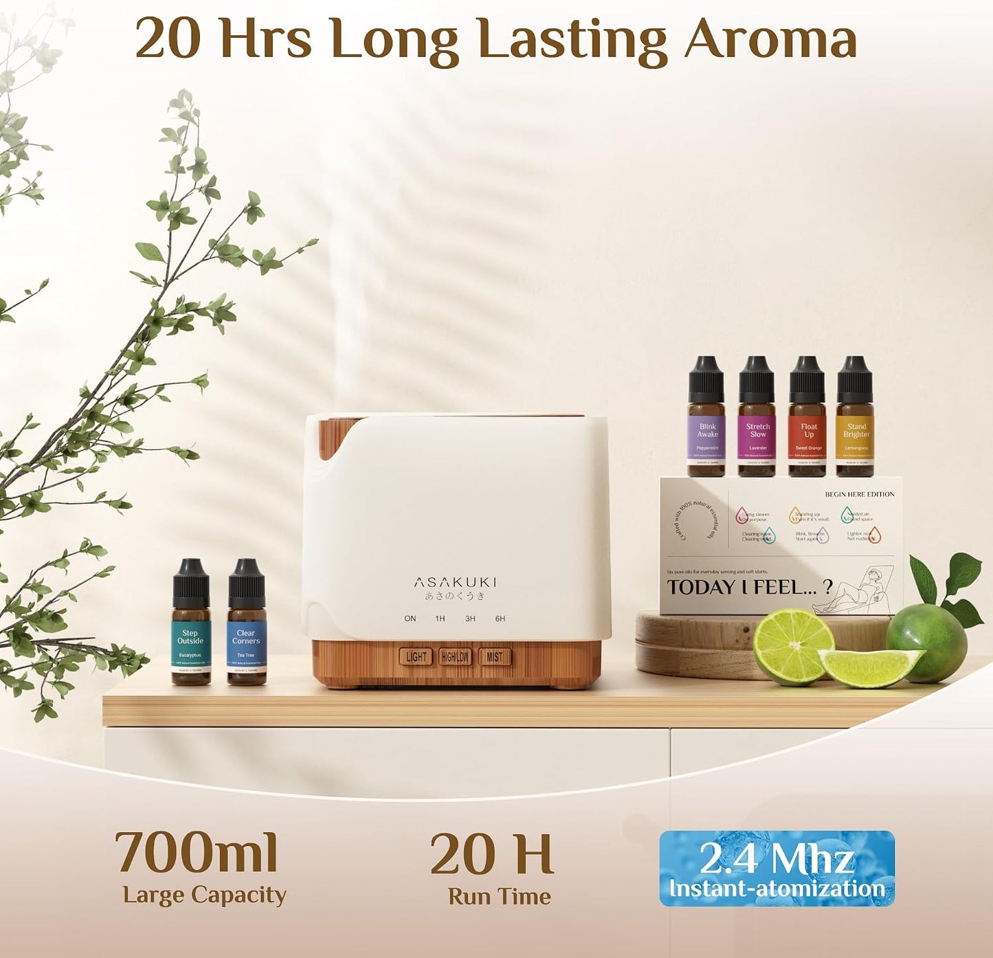 ASAKUKI Essential Oil Diffuser for Home with Top 6 Essential Oil Sets | Large 700 ml Humidifier, Automatic Shut-Off, 7 LED Lights for Living Room, Kitchen, Bedroom, Hotel - Yellow