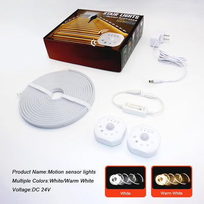 Motion Sensor LED Strip Lights - Chasing Effect Auto ON/Off for Stairs, Bedroom, Under Cabinet - 16.4ft White, Intelligent Motion Sensor Stair Lights