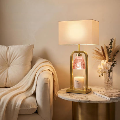 PoKat Gold Table Lamp Candle Warmer, Candle Warmer Lamp with Timer Dimmer, Wax Light Warming Table Lamp for Jar Candles, Modern Bedside Lamp for House Warming Home Decor Living Room, Bulb Included