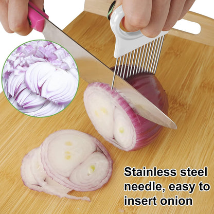 2Pcs Ruooson Onion Holder for Slicing, Stainless Steel Prongs Kitchen Slicer, Lemon Potato Cucumber Vegetable Cutter Comb,Meat Tenderizer,(white and blue).