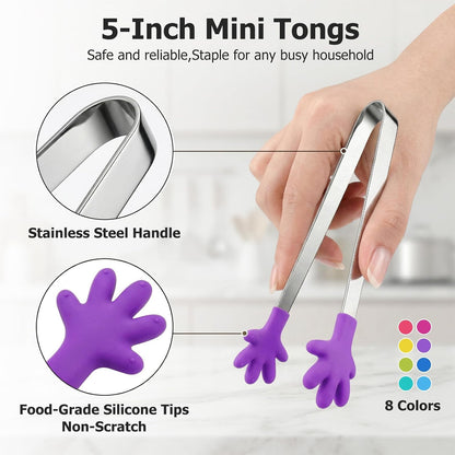 Mini Tongs, 8 PCS Silicone Hand Shape Food Tongs, 5 Inch | Colourful Small Tongs for Toolfor Candy, Snacks, Chips, Cookies, Appetizers, Fruit, Ice Cubes, Party, Buffet & Dessert Table