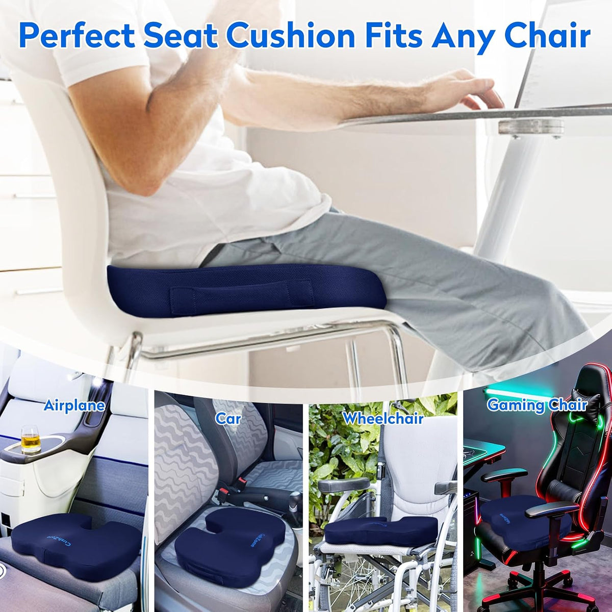 CushZone Seat Cushion Memory Foam Chair Pad for Office & Car, Black