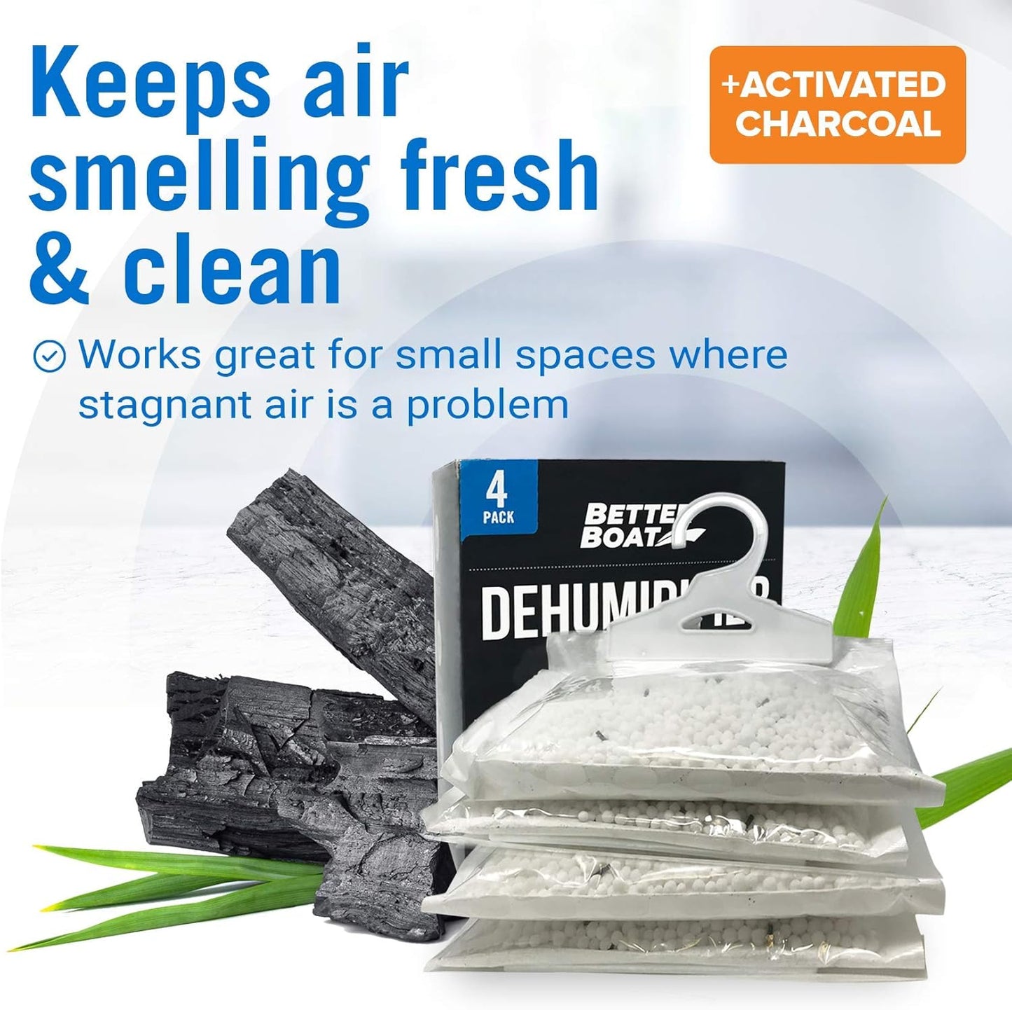 4 Pack Moisture Absorber Hanging Bags, Boat Dehumidifier with Charcoal | Unscented, Removes Dampness and Musty Odors, Ideal for Basement, Closet, Home, Car, RV, and Boating