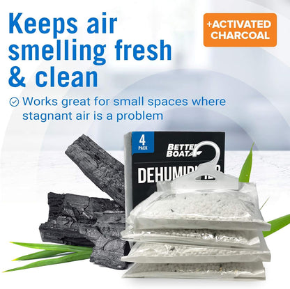 4 Pack Moisture Absorber Hanging Bags, Boat Dehumidifier with Charcoal | Unscented, Removes Dampness and Musty Odors, Ideal for Basement, Closet, Home, Car, RV, and Boating
