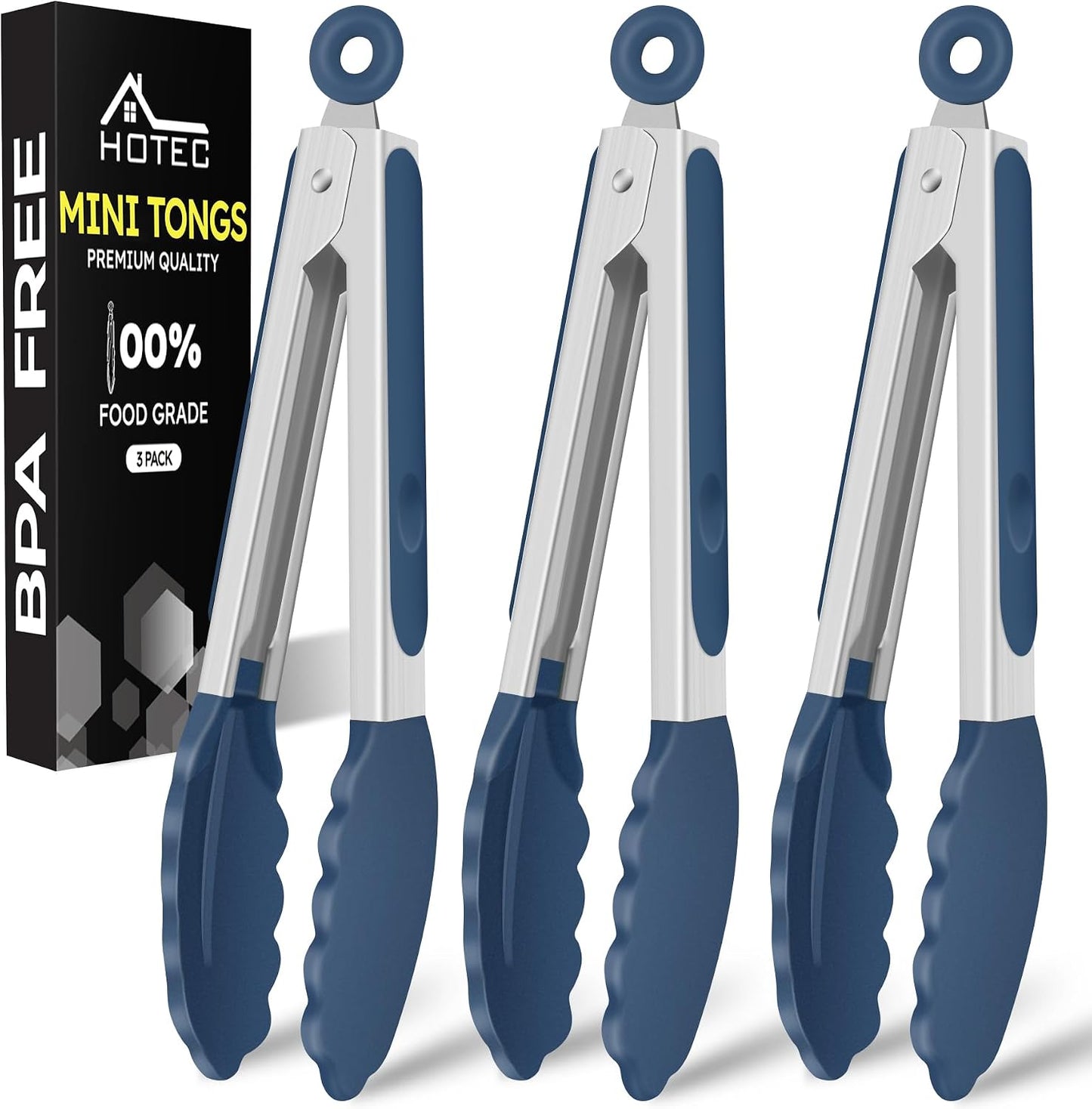 Hotec Mini Silicone Kitchen Tongs for Cooking - 7-Inch Small Serving Tongs with Silicone Tips, Set of 3 (Black,Grey,Light Blue)