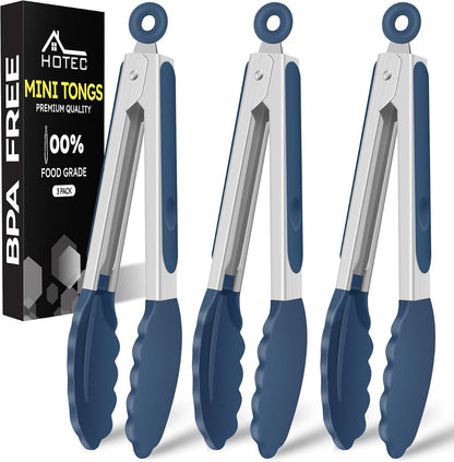 Hotec Mini Silicone Kitchen Tongs for Cooking - 7-Inch Small Serving Tongs with Silicone Tips, Set of 3 (Black,Grey,Light Blue)
