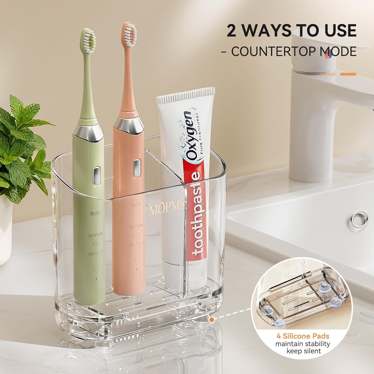 MOPMS Toothbrush Holders with Drainage for Bathrooms Countertop Organizer | 2 Slots Electric Toothbrush Holder Wall-Mount with Divider for Easy Clean, Tooth Brush and Toothpaste Holder for Bathroom