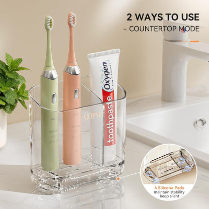 MOPMS Toothbrush Holders with Drainage for Bathrooms Countertop Organizer | 2 Slots Electric Toothbrush Holder Wall-Mount with Divider for Easy Clean, Tooth Brush and Toothpaste Holder for Bathroom