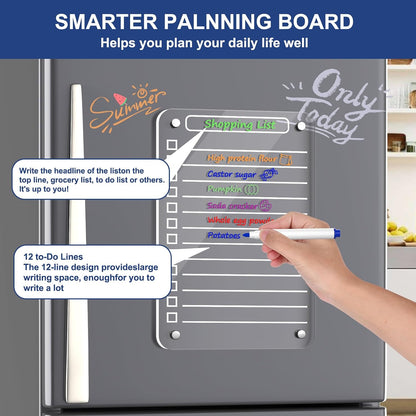 Acrylic Meal Planner Magnetic Menu Board for Kitchen Fridge, 13"x9" Clear Weekly Calendar Planning Board Noteboard Refrigerator Dry Erase Board to Do/Grocery/Shopping Lis Includes 6 Markers
