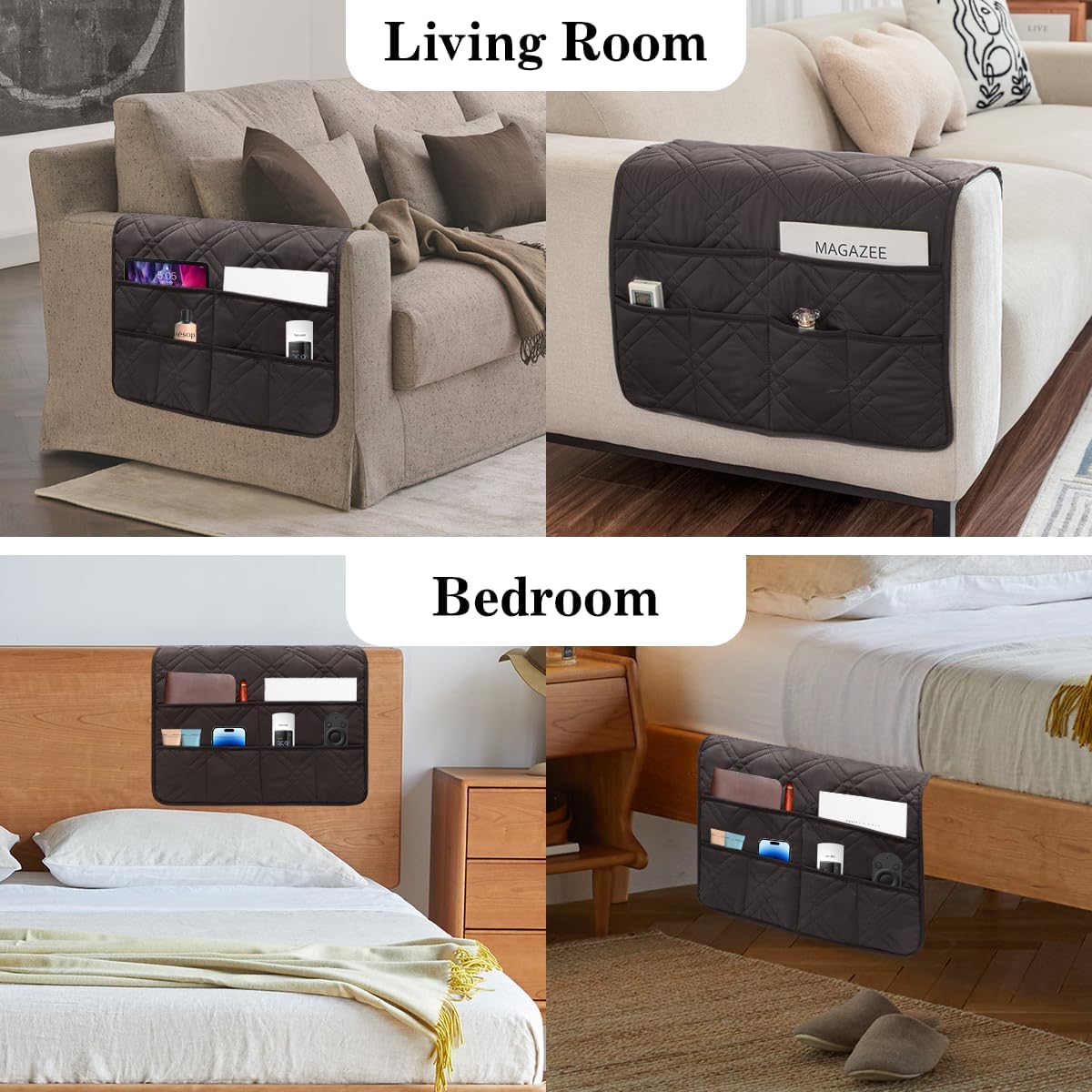 Couch Armrest Organizer Remote Control Holder Bedside Caddy with 6 Pockets, Non-Slip Armchair Caddy Sofa Armrest Organizer for Tv Remote Control, Magazine, Cell Phone, Beige