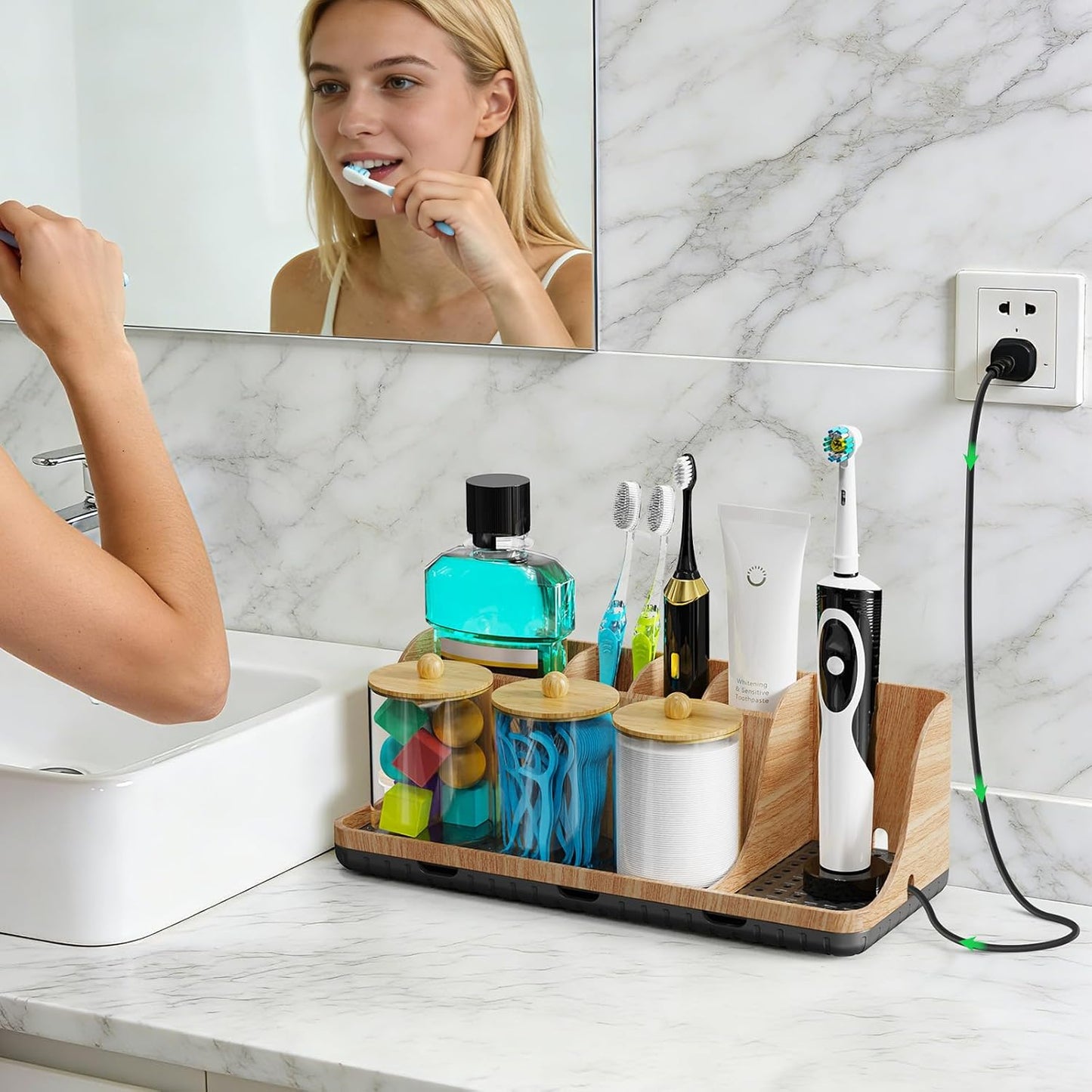 Bathrooms Toothbrush Holder Set with 3 PCS Qtip Holder (Wood Grain) | Easy to clean, Drainage, Detachable, Non-Slip, Kids Electric Toothbrush and Toothpaste Holder for Bathroom Counter Organizer