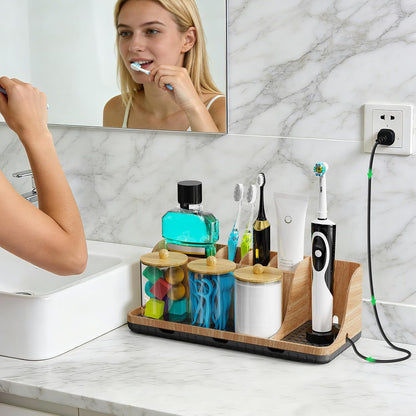 Bathrooms Toothbrush Holder Set with 3 PCS Qtip Holder (Wood Grain) | Easy to clean, Drainage, Detachable, Non-Slip, Kids Electric Toothbrush and Toothpaste Holder for Bathroom Counter Organizer