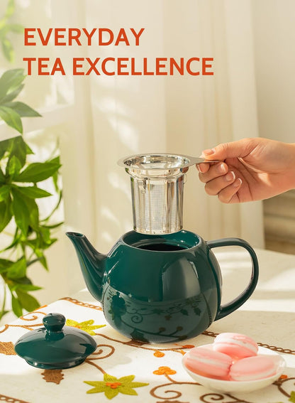 Sweese Teapots for Tea, 27 oz Porcelain Tea pot with Removable Stainless Steel Infuser, Tea Pots for Loose Tea - White