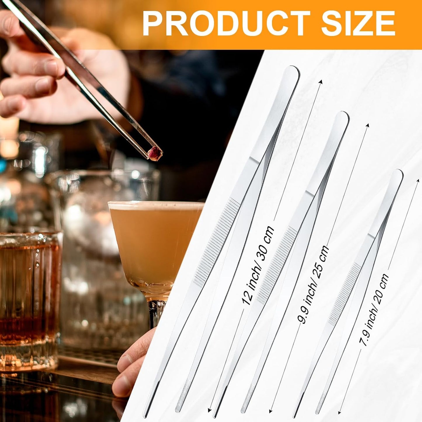 Yaomiao 4 Packs Bar Tweezers Long Garnish Tongs Bar Tweezers Stainless Steel Korean Bbq Tongs for Bartender Cocktail Cooking Food(Silver,8 Inch)