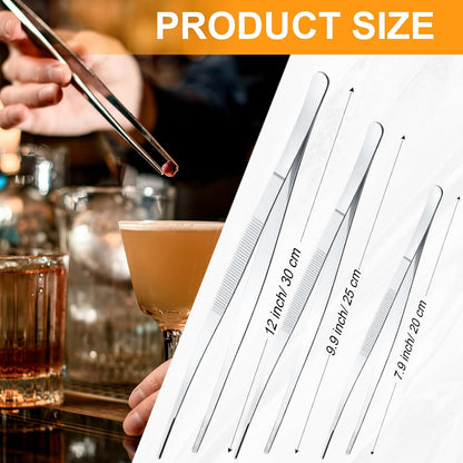 Yaomiao 4 Packs Bar Tweezers Long Garnish Tongs Bar Tweezers Stainless Steel Korean Bbq Tongs for Bartender Cocktail Cooking Food(Silver,8 Inch)