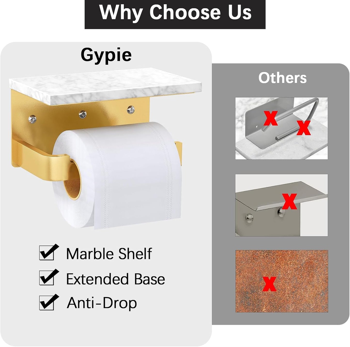 Gypie Toilet Paper Holder with Marble Shelf, Wall Mounted Matte Black | Toilet Roll Holder Black for Bathroom Washroom, Extended Base