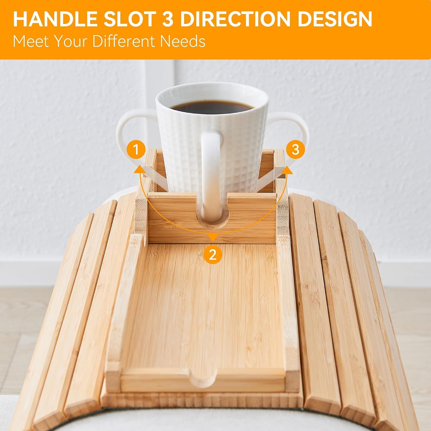 GEHE Bamboo Couch Cup Holder, Anti-Spill Sofa Arm Tray, Natural and Easy to Clean Couch Arm Cup Holder Armrest Tray Perfect for Cups, Beers, Snacks, Remote Control, Drinks