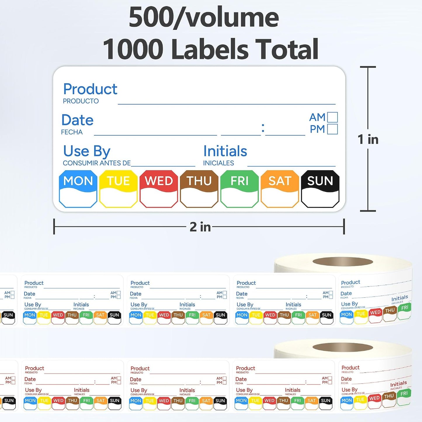 2 Rolls 1000 Pcs 1 X 2 inch Removable Food Date Sticker Labels, Easy to Write for Freezer, Refrigerator Food Containers Date Sticker, Leftover Labels (Blue-Red-US)