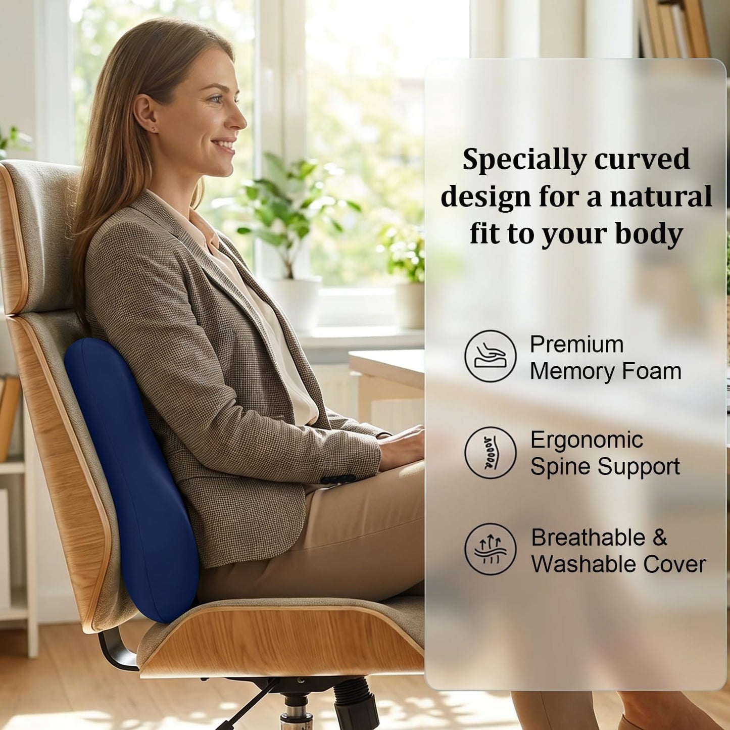 Lumbar Support Pillow for Office Chair Memory Foam Lumbar Cushion with Removable Cover Soft Back Support Pillow Suitable for Car, Couch, Gaming, Dark Blue
