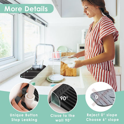 24-Inch Silicone Faucet Mat for Kitchen Sink Splash Guard, 7° Slope | 24"x5.5" water draining mat with fasten button; 1.6-2.75" customizable hole for bathroom, RV & kitchen sink drip catcher.